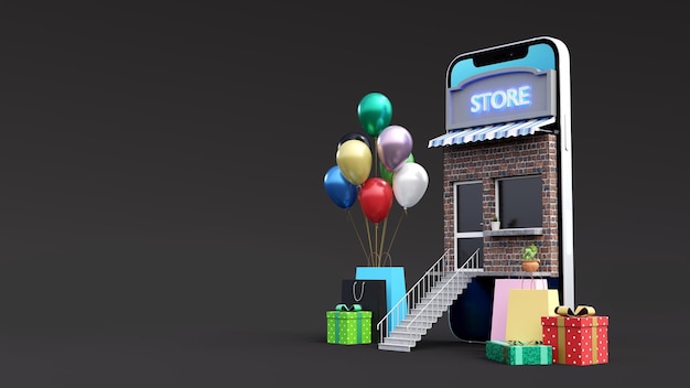 Banner di vendita dell'anniversario del negozio online 3d Visualizzato sullo schermo del telefono con confezioni regalo, borse per la spesa e palloncini colorati, rendering 3d