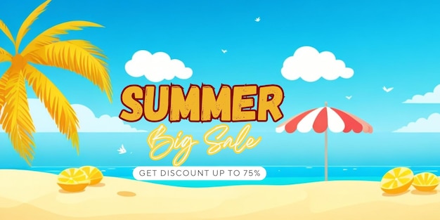 Banner di vendita estiva con palma e ombrello sulla spiaggia Illustrazione vettoriale