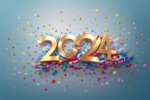 Banner elegante di Buon Anno 2024 con confetti che cadono su uno sfondo luminoso