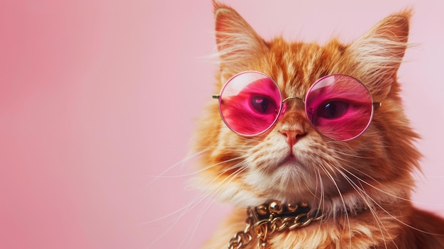 Banner gatto rosso grasso con gli occhiali rosa e una catena attorno al collo su uno sfondo rosa