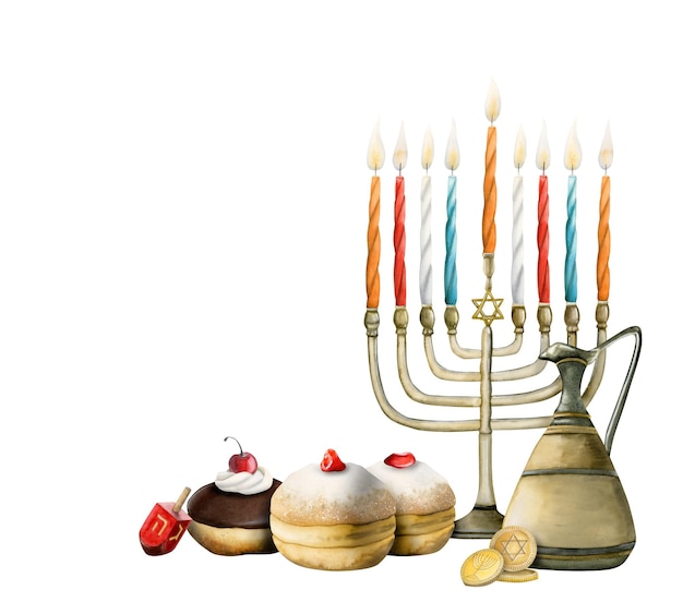 Banner Hanukkah disegnato a mano con candele menorah dreidel ciambelle tradizionali monete sufganiyot