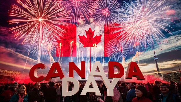 Banner Happy Canada Day per lo sfondo dei fuochi d'artificio del giorno del Canada