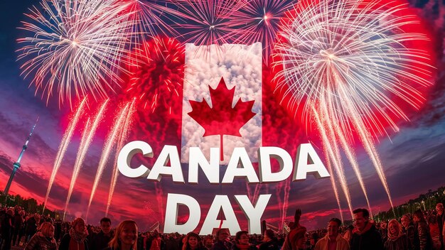 Banner Happy Canada Day per lo sfondo dei fuochi d'artificio del giorno del Canada