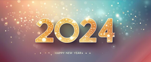 Banner Happy New Year 2024 Biglietto d'auguri dorato su sfondo scuro Generative AI Art