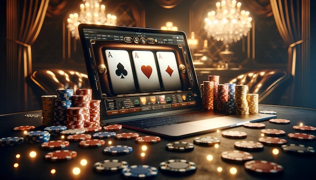 Banner moderno di casinò online con laptop e elementi di gioco d'azzardo