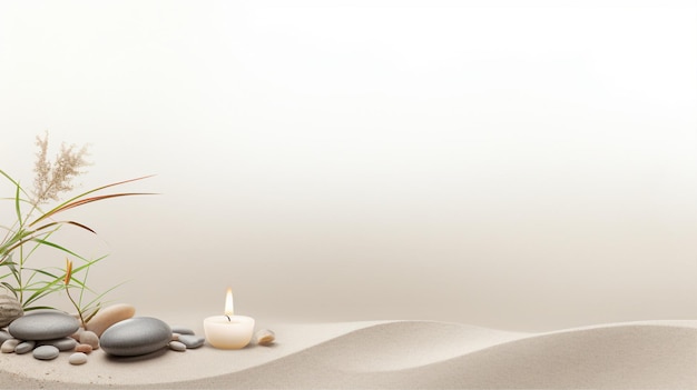 Banner mostra una scena di giardino zen pietre di sabbia in modelli armoniosi un rastrello e candele sul lato