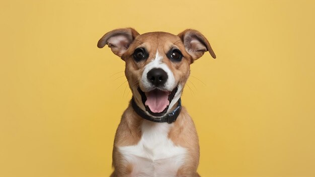 Banner nasconde divertente cane sorpreso cucciolo isolato su giallo