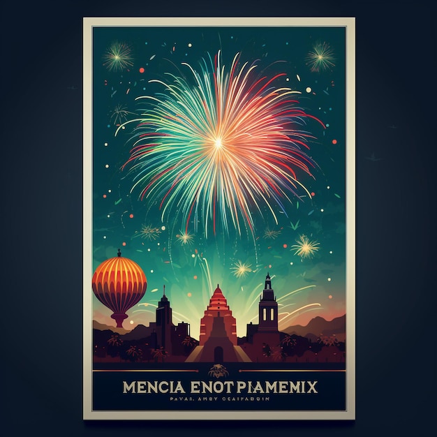 Banner o poster della celebrazione del Giorno dell'Indipendenza del Messico, 16 settembre, bandiera sventolante e fuochi d'artificio cel