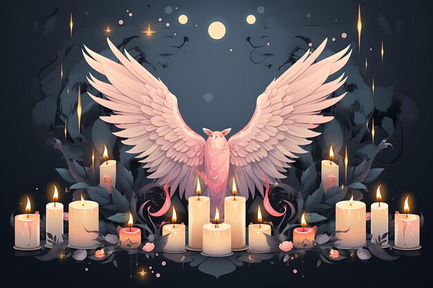 Banner of Angel Wings circondato da candele tremolanti Soft Pastel Col Candlesmas 2D Flat Designs