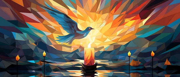 Banner of Candlelight Shining Through a Stained Glass Dove Rainbow Col Candlesmas 2D Flat Designs