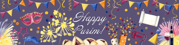 Banner orizzontale Happy Purim su viola con maschere Simboli ebraici Bordo di saluto ad acquerello