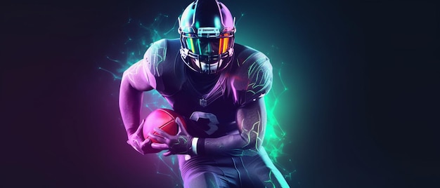 Banner orizzontale per l'intestazione del sito Web Visual con banner giocatore di football americano con colori al neon