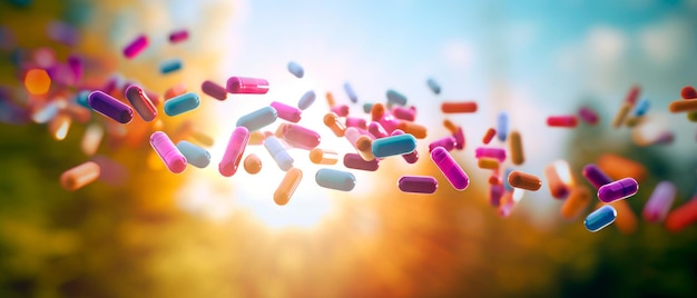Banner per farmacie e farmaci Pillole e capsule multicolori che galleggiano su uno sfondo sfocato