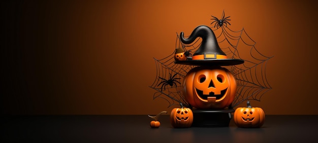 Banner per la promozione del prodotto Halloween Rendering 3D dello sfondo del podio del palco della zucca