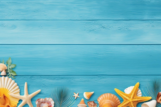 Banner per le vacanze estive con accessori da spiaggia su una tavola blu