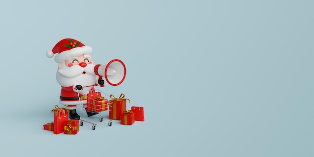 Banner per lo shopping natalizio Babbo Natale con megafono e carrello con regalo di Natale