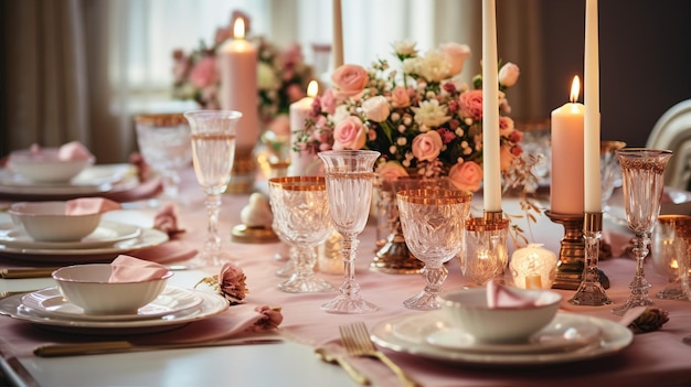 Banner presenta un sontuoso tavolo da pranzo con piatti di porcellana bicchieri di cristallo candele e fiori
