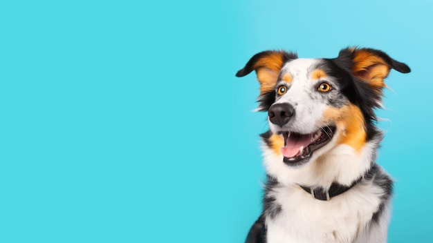 Banner pubblicitario ritratto di un cane colorato con un petto bianco sorridente a bocca aperta isolato