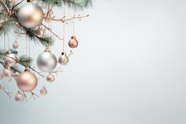 Banner rami decorativi dell'albero di Natale con palle e coni su sfondo bianco