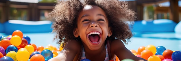 Banner ridendo bambina bambina che si diverte nella fossa di palla alla festa di compleanno nel parco divertimenti per bambini e nel centro giochi al coperto ridendo giocando con palle colorate nella piscina di palla del parco giochi