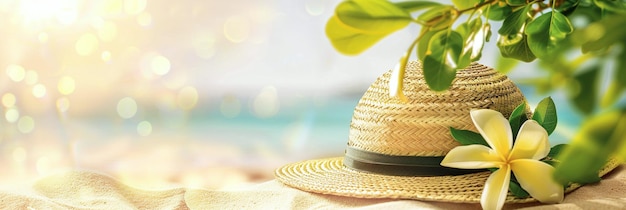 Banner spiaggia estiva illuminata dal sole con un cappello di paglia e fiori tropicali