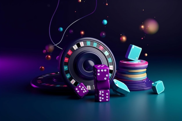 Banner sullo sfondo dei giochi da casinò Illustrazione 3D con elementi del casinò Craps Roulette e carte da poker Generative Ai