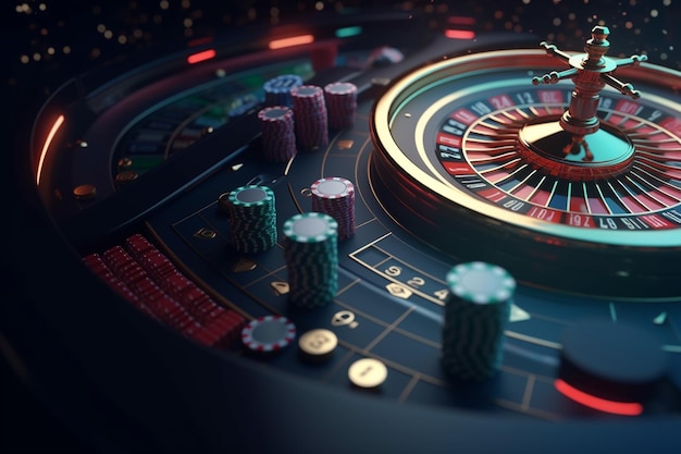 Banner sullo sfondo dei giochi da casinò Illustrazione 3D con elementi del casinò Craps Roulette e carte da poker Generative Ai