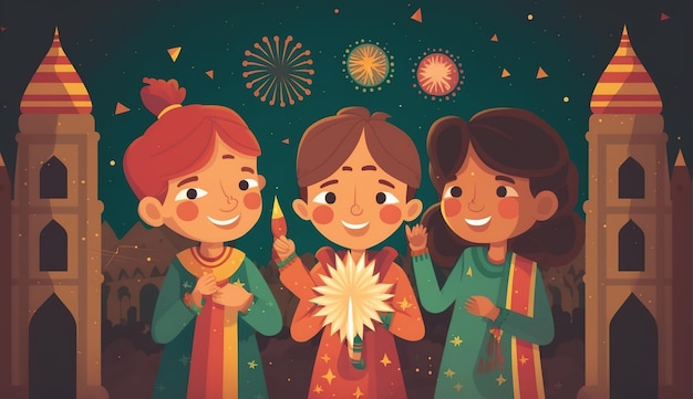 Banner tradizionale Diwali Illustrazione di persone che celebrano Diwali un festival di luce in India