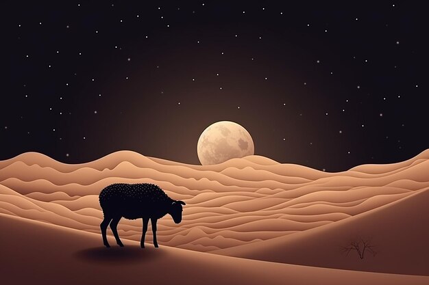 Banner vacanza Eid al adha Paesaggio desertico notturno realistico con cielo stellato