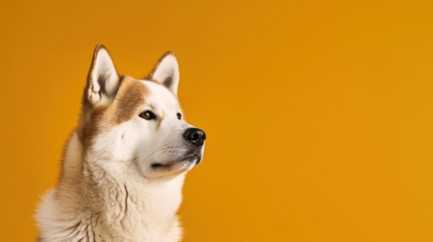 Banner verticale pubblicitario che sembra dritto akita inu cane bianco e colore rosso aspetto divertente