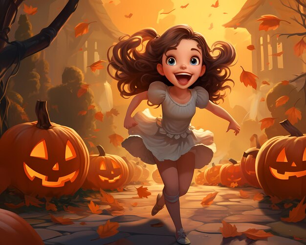 Banner vettoriale per il design grafico Happy Halloween Girl e sfondo cartoon di zucca