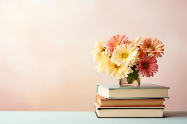 Banner Web che mostra una pila di libri e un vaso di fiori con area di copia