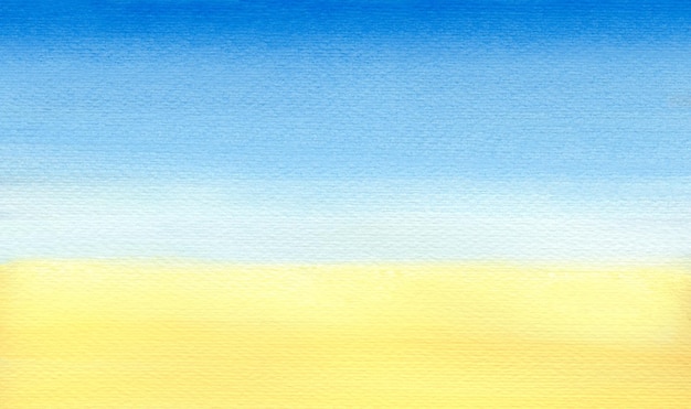 Banner Web da azzurro a giallo caldo sfumato mare e spiaggia astratto dipinto ad acquerello su sfondo bianco pulito