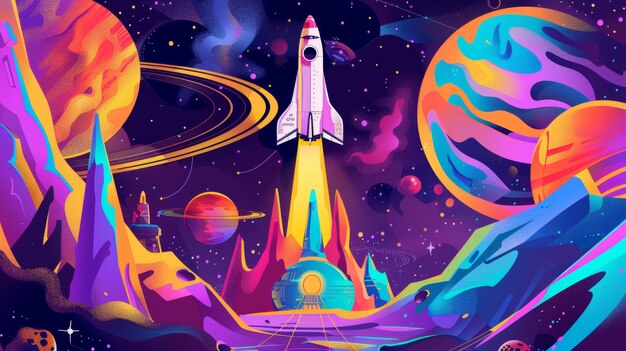 Banner web di cartoni animati per uno spettacolo musicale Space shuttle e stazione aliena in una galassia con pianeti Universo sfondo illustrazione moderna
