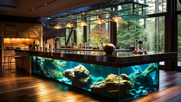 Bar con un acquario al centro AI generativa