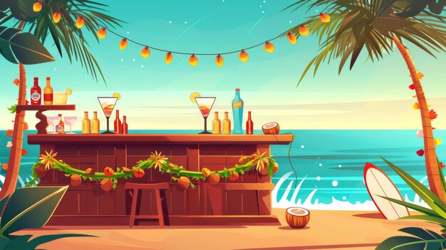 Bar di spiaggia estivo sullo sfondo del mare Illustrazione moderna di cartoni animati con ghirlanda sotto palma cocktail alcolico succo di cocco esotico sul bancone tavola da surf sulla sabbia