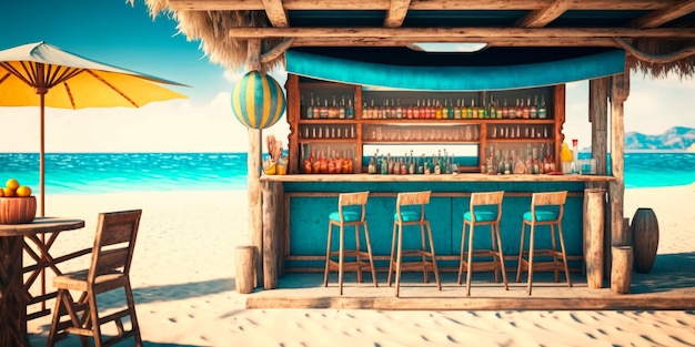 Bar estivo sulla spiaggia con cocktail e snack sullo sfondo del mare aperto IA generativa