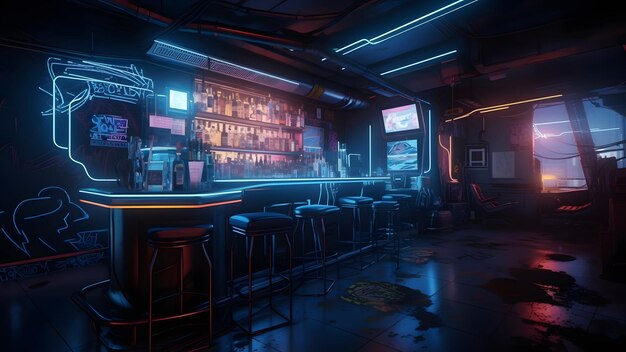 Bar in stile cyberpunk concetto interno scuro con luci al neon Rete neurale generata nel maggio 2023 Non basata su scene o schemi di persone reali