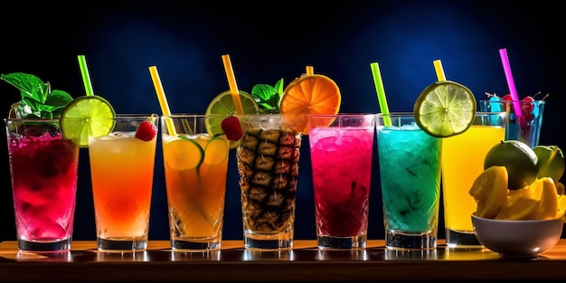 Bar mocktail rinfrescante e colorato con cannucce funky e guarnizioni di frutta esotica Generative ai