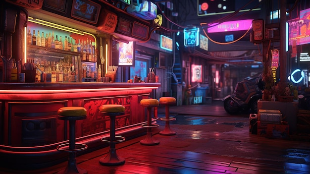 Bar o caffè in stile AI generativa Cyberpunk Scena notturna di una grande città futuristica nostalgica degli anni '80 e '90