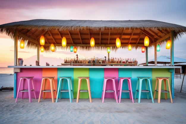 Bar sulla spiaggia colorato con sgabelli vuoti