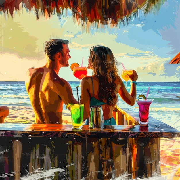 Bar sulla spiaggia con bevande colorate Coppia felice che ordina due cocktail Illustrazione generativa di AI