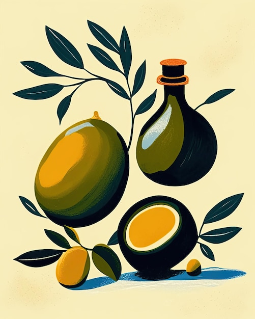 barattoli di olio d'oliva con olive e olio in bottiglia