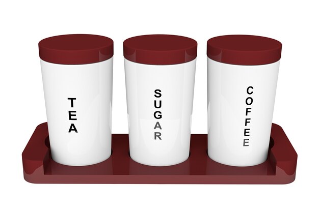 Barattoli di tè, caffè e zucchero con supporto in legno su sfondo bianco