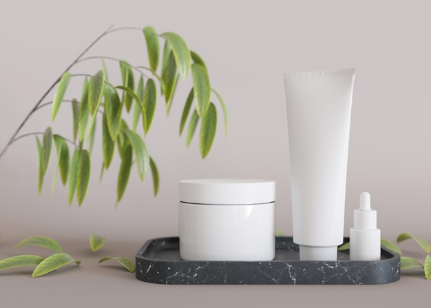 Barattoli e tubi di crema cosmetica bianca senza marchio in bianco in piedi sul podio con ramo di albero e foglie Presentazione del prodotto per la cura della pelle Moderno mock up Jar tube con copia spazio 3D rendering