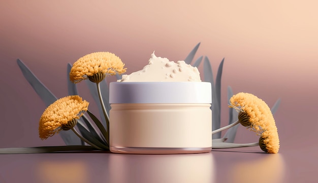 Barattolo aperto bianco che mostra la consistenza della crema per il viso con sfondo di fiori gialli