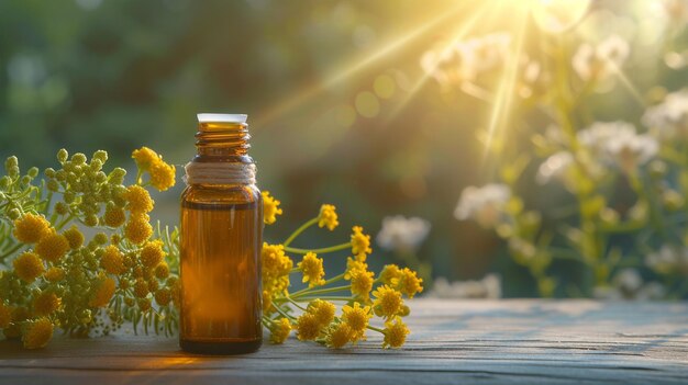 barattolo con estratto di olio essenziale di tansy su uno sfondo di legno