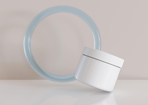 Barattolo di crema cosmetica senza marchio bianco e vuoto con anello volante su sfondo beige Presentazione del prodotto per la cura della pelle Modern mock up Vaso di bellezza e spa per la cura della pelle con spazio di copia Rendering 3D