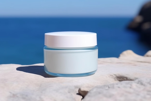 Barattolo di crema cosmetica senza marchio bianco e vuoto in piedi nella foresta Presentazione del prodotto per la cura della pelle Bellezza e spa per la cura della pelle Barattolo con crema idratante per lo spazio della copia Natura all'aperto AI generativa