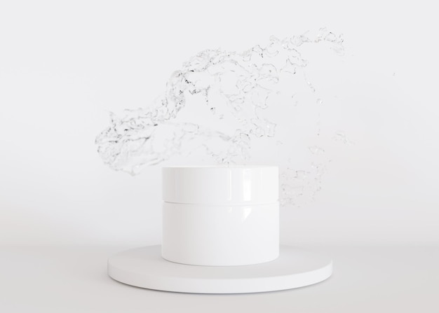 Barattolo di crema cosmetica senza marchio bianco e vuoto in piedi sul podio con spruzzi d'acqua Presentazione del prodotto per la cura della pelle su sfondo bianco Barattolo mock up moderno con spazio di copia rendering 3D